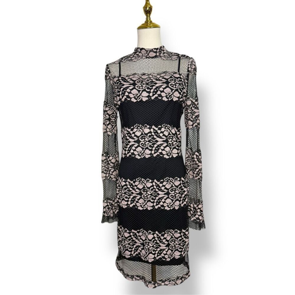 Julia Jordan Women’s 2 Illusion Sheath Dress Mock Neck Black Pink Mesh Cocktail